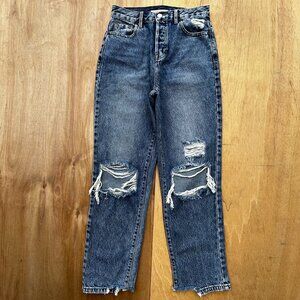 PACSUN JEANS WOMEN’S sz 25 High Rise Straight Button Fly Blue Destructed Frayed